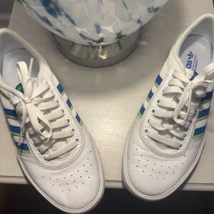 Adidas White Shoes with Blue and Green Accents